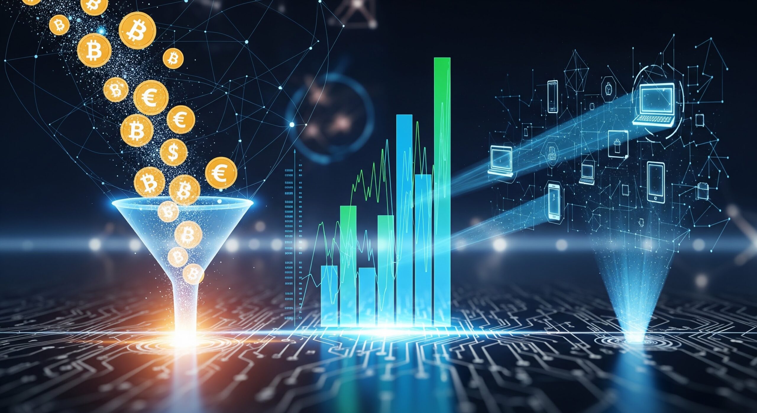 Цифровые монеты попадают в визуализации данных в виде гистограмм, окруженных парящими символами валют и цифровыми устройствами, что символизирует криптовалюту и аналитику данных на фоне футуристической печатной платы.