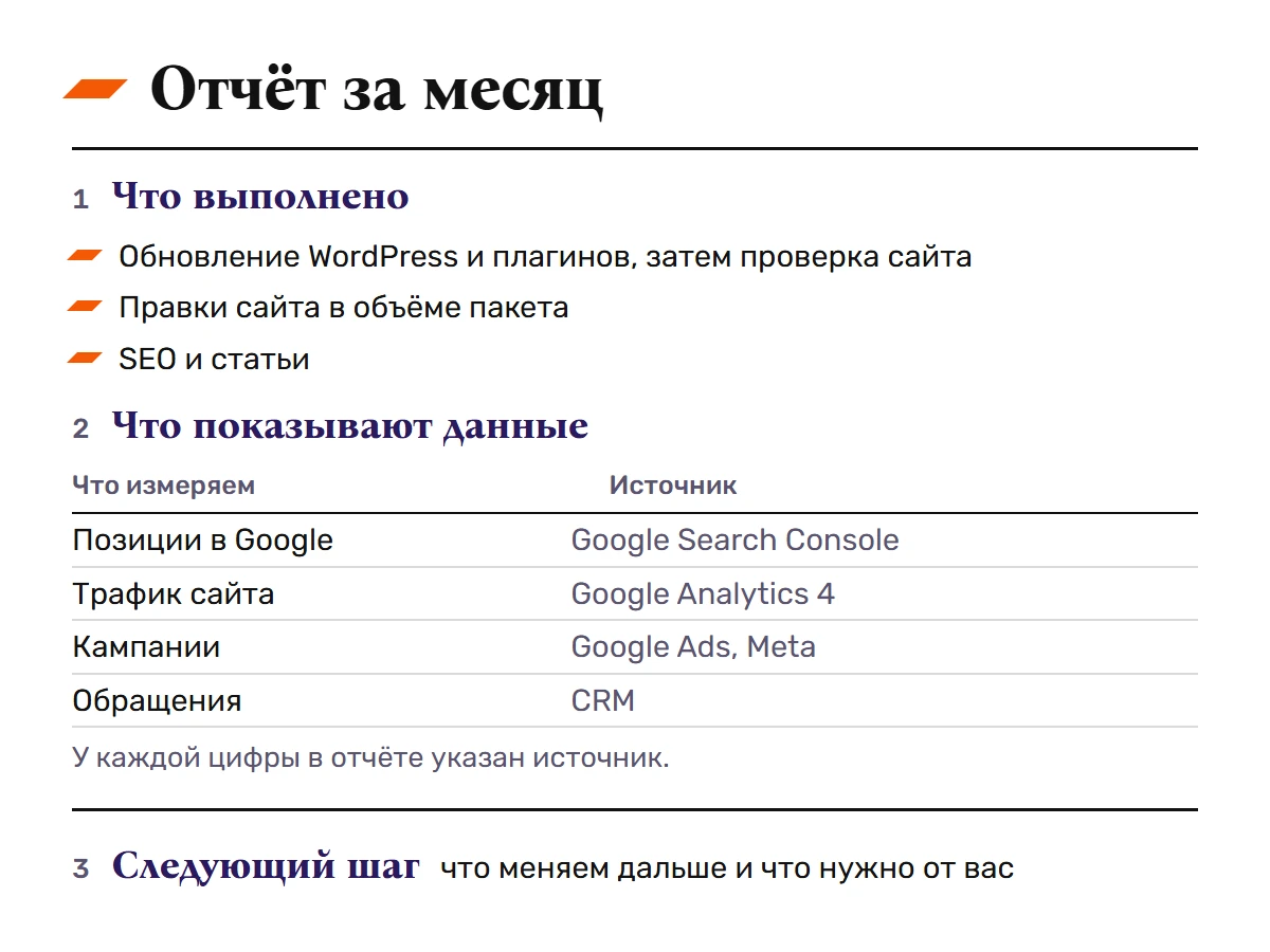 Monthly report structure
