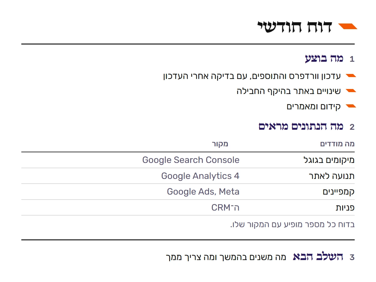 מבנה של דוח חודשי: מה בוצע, מה מודדים ומאיזה מקור, והשלב הבא