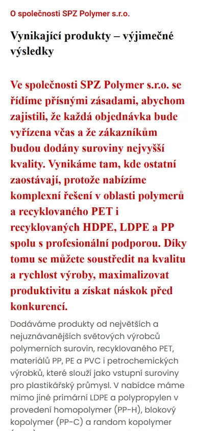עמוד הבית של SPZ Polymer בטלפון: החלק "על החברה" בצ'כית, עם כותרת וטקסט על החומרים שהחברה מספקת